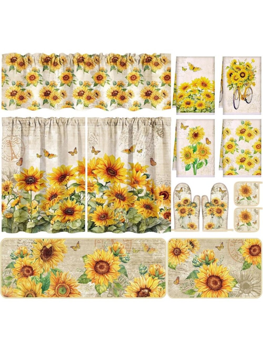 Rustic Vintage Sunflower Kitchen Decor Set - 13 Pcs Farmhouse Home Accents